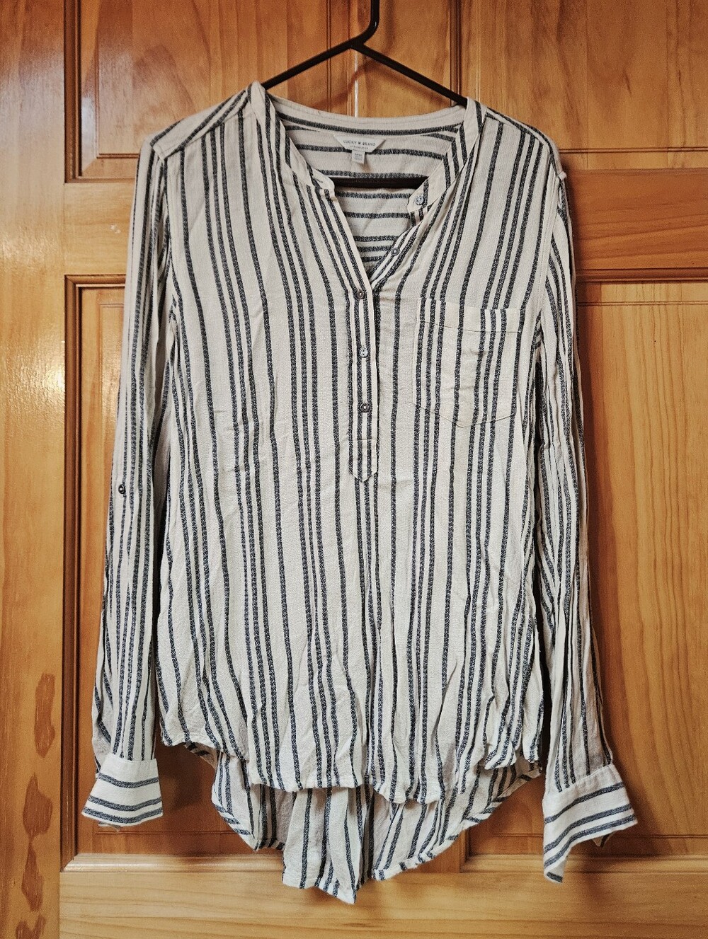 Lucky Brand Cream & Black Striped Button V-Neck Shirt
